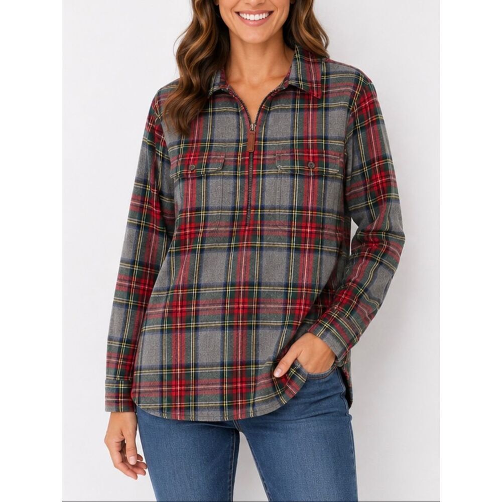 L.L. Bean relaxed fit flannel pullover zip up sweater large